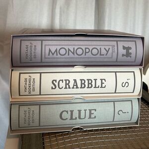 Brand New, Unopened Vintage Bookshelf Collection of Scrabble, Monopoly and Clue